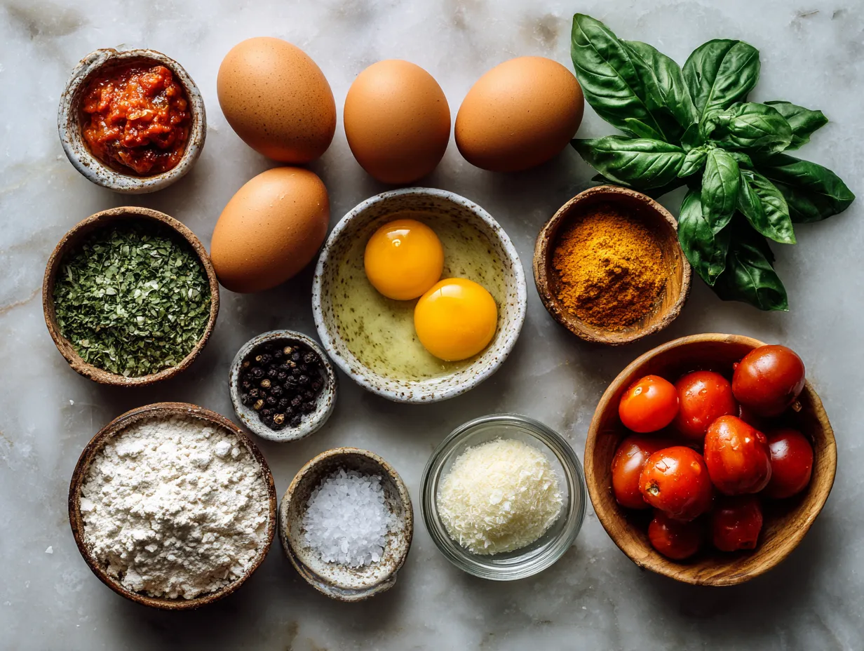 Ingredients laid out for Roasted Tomato Basil Egg Scramble
