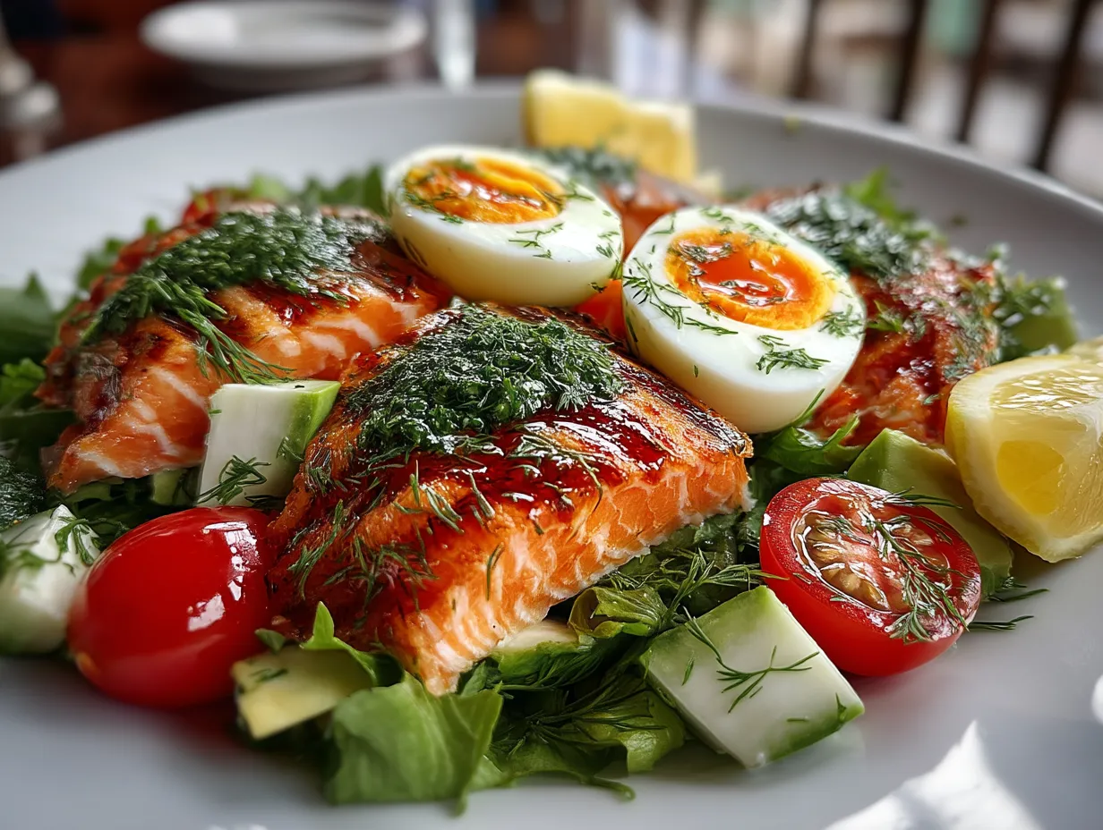 Fresh Salmon Cobb Salad with Lemon Dill ready to serve