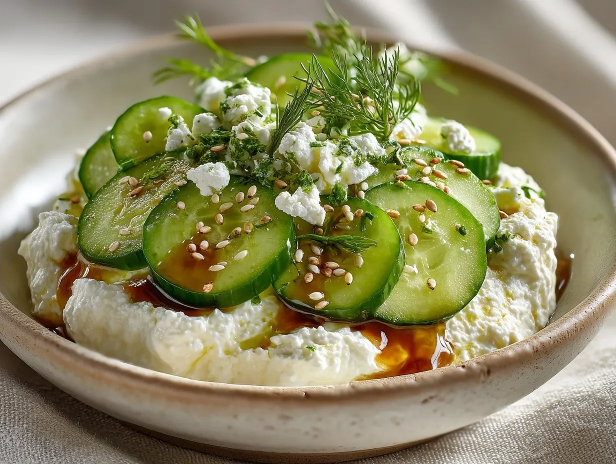 Beautifully presented Savory Cottage Cheese Bowl with Cucumber