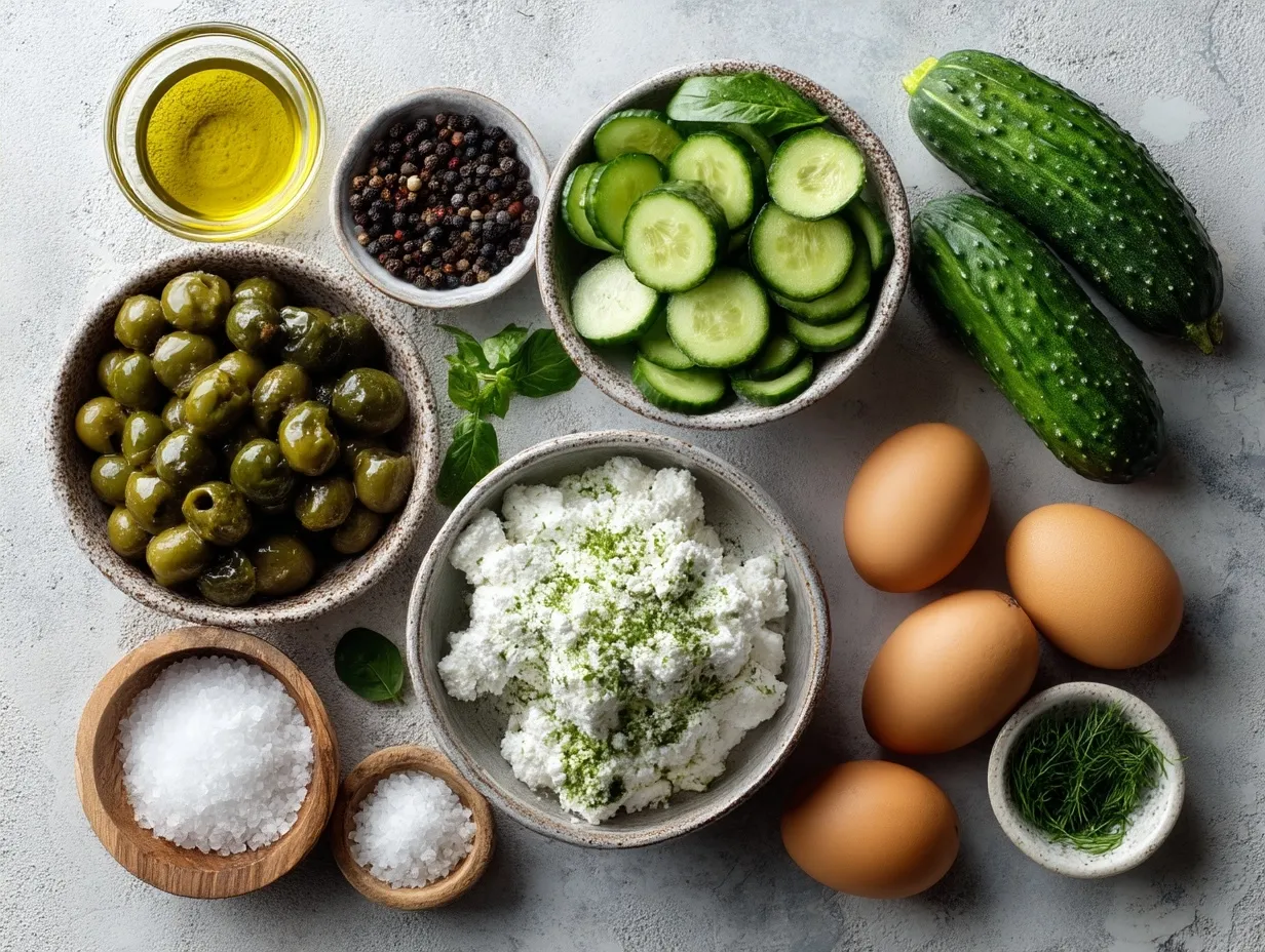 Ingredients laid out for Savory Cottage Cheese Bowl with Cucumber