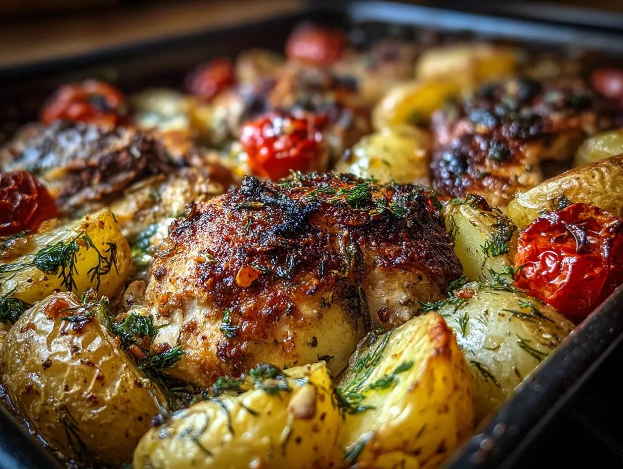 Ready to serve Sheet Pan Greek Chicken Potatoes on a plate garnished with fresh herbs