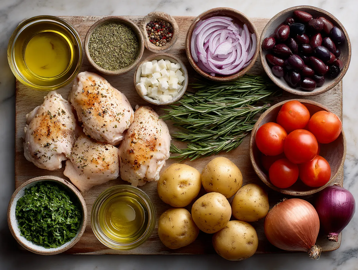 Ingredients for Sheet Pan Greek Chicken Potatoes including chicken thighs, potatoes, lemon, garlic, and herbs