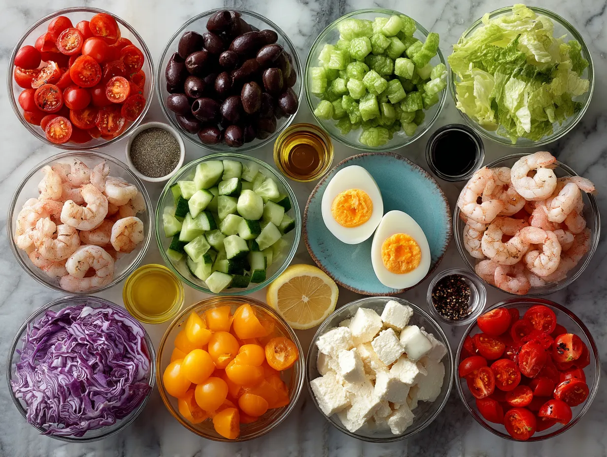 Ingredients laid out for making Shrimp Louie Salad