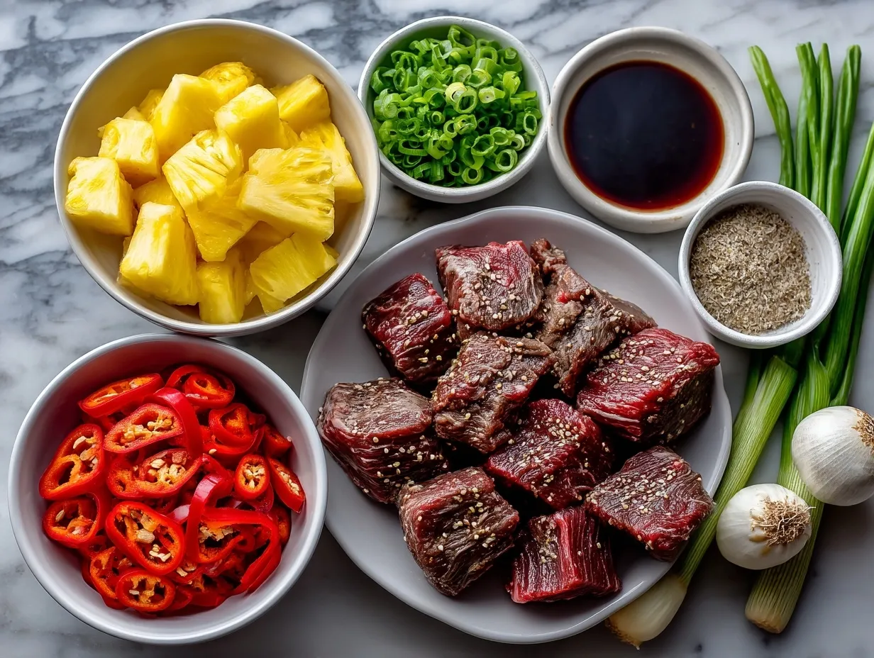 Ingredients for Slow Cooker Hawaiian Beef (Pork-Free) including beef, pineapple, onions, garlic, and spices
