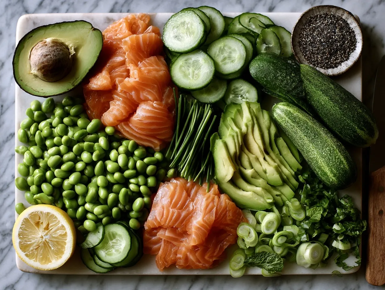 Ingredients for Smoked Salmon Cucumber Protein Bowls