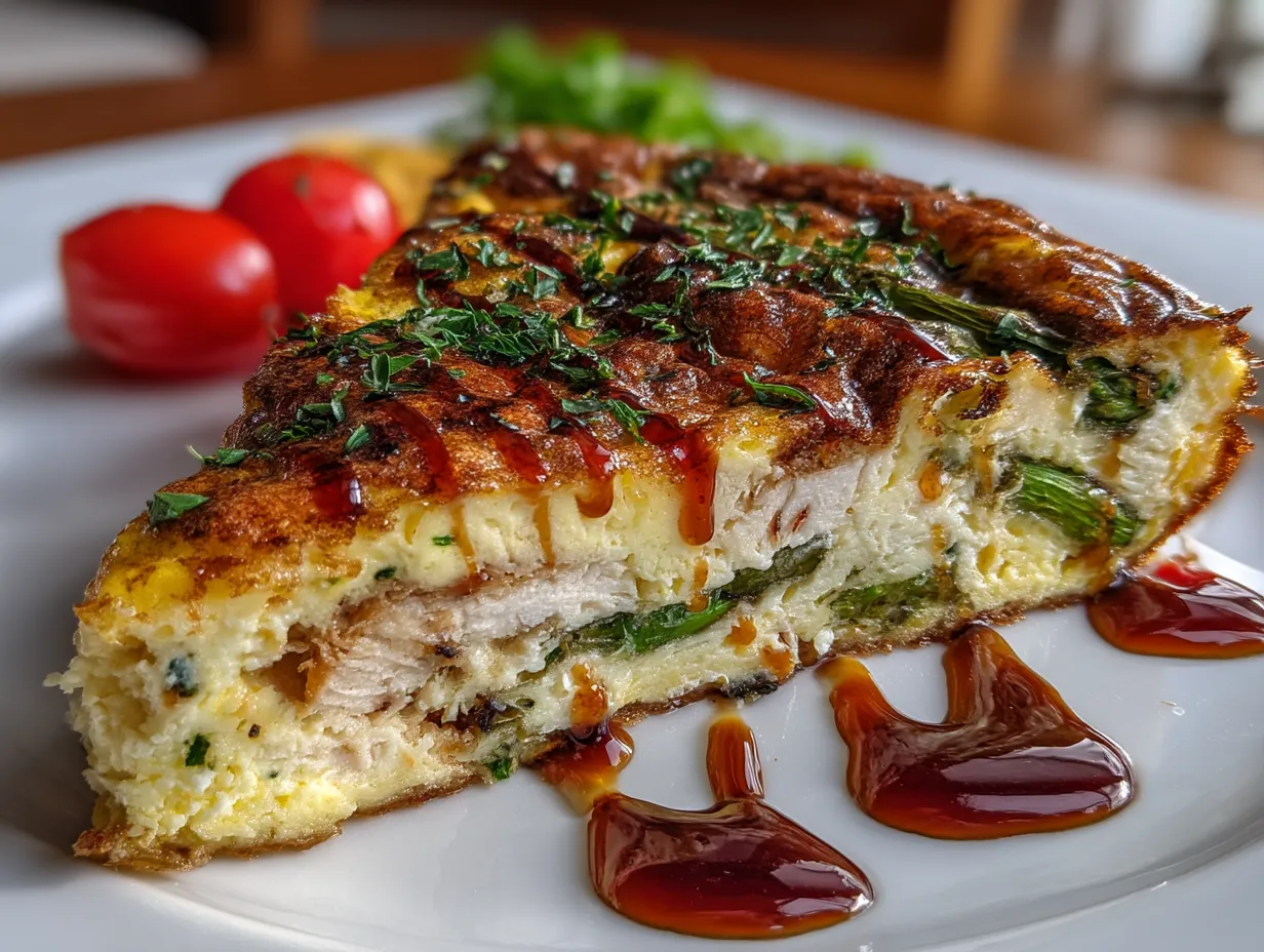 Smoked Turkey Asparagus Frittata served on a plate garnished with fresh herbs and side accompaniments
