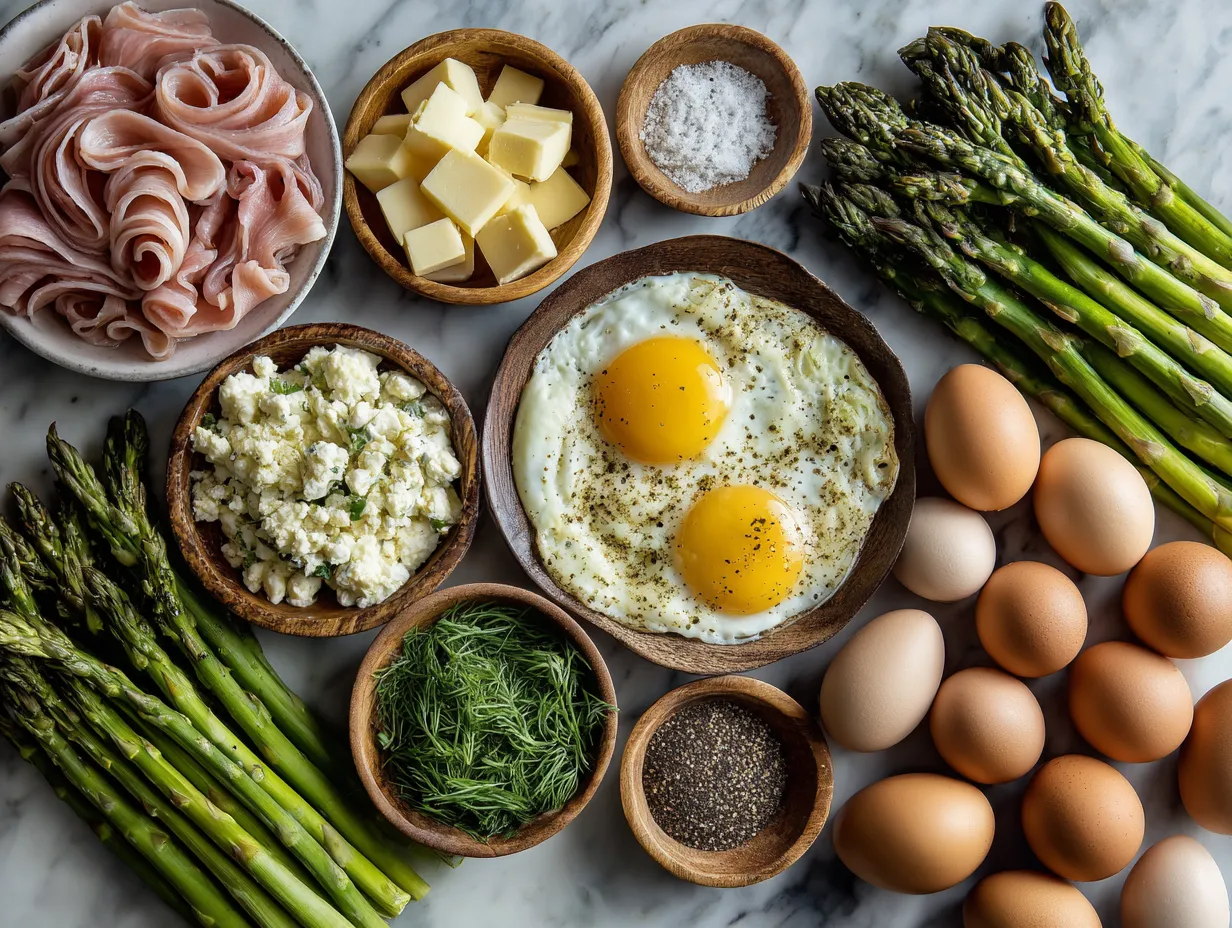 Ingredients laid out for Smoked Turkey Asparagus Frittata including eggs, smoked turkey, asparagus, cheese, onion, garlic, oil, and seasoning