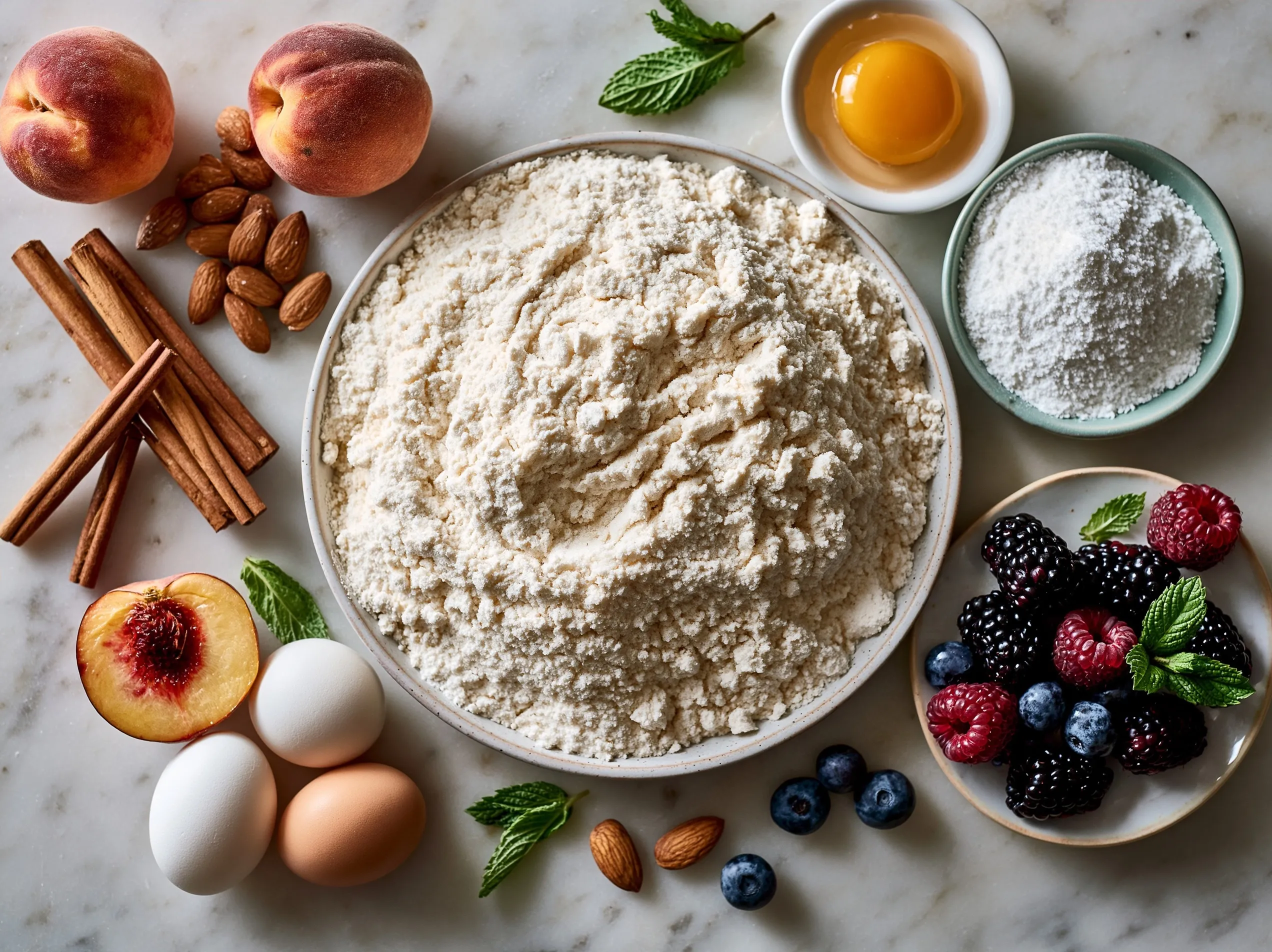 Ingredients for Southern Peach Cobbler made with oat flour and honey