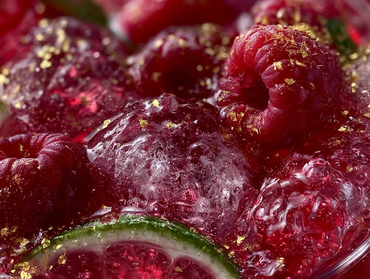 Serving Sparkling Raspberry Lemonade with mint and lemon in clear glass