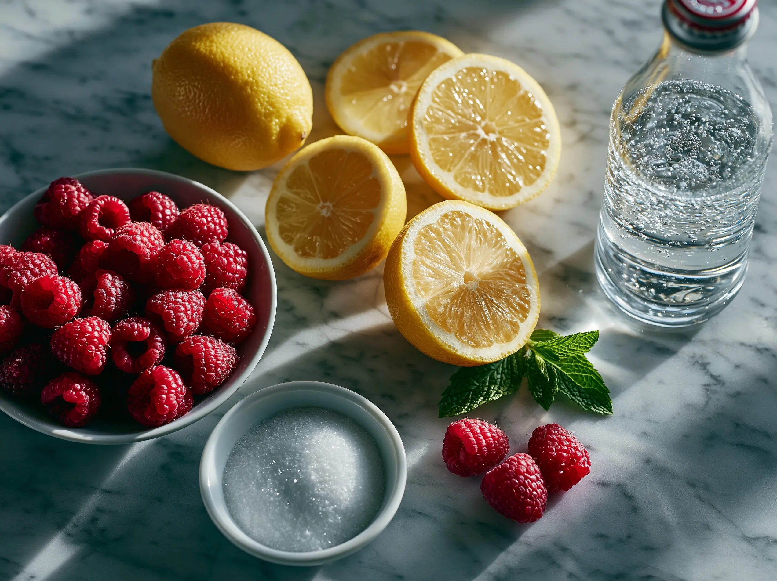 Ingredients for Sparkling Raspberry Lemonade with Monkfruit sweetener