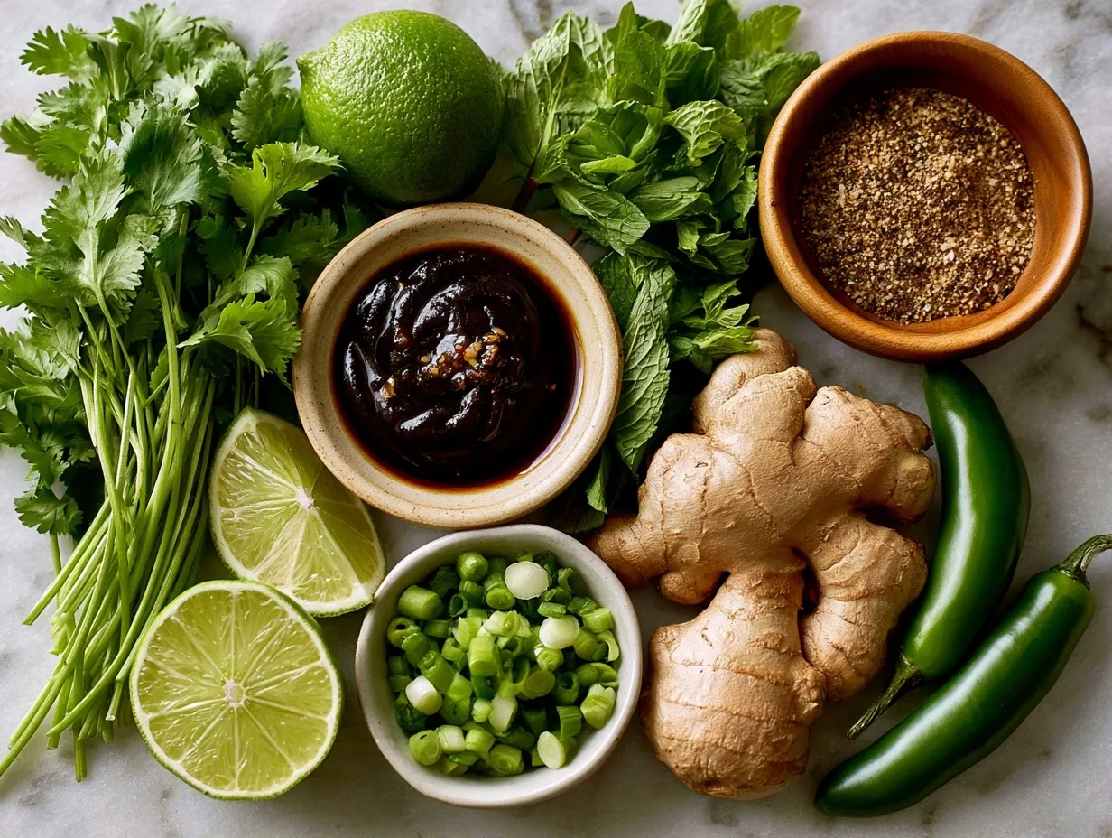Ingredients laid out for Sticky Ginger Lime Chicken Thighs recipe