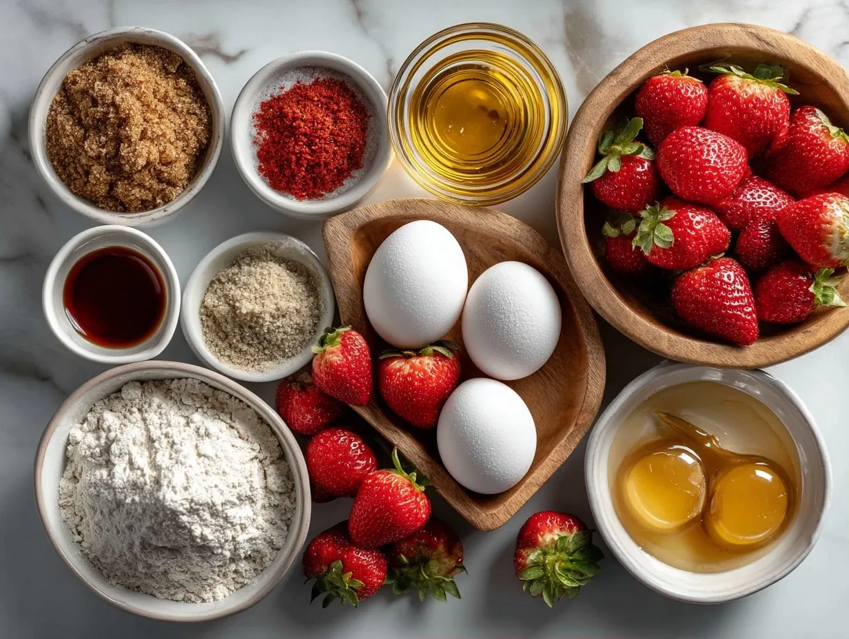 Ingredients for Strawberry Rhubarb Crisp (Honey Sweetened) including fresh strawberries, rhubarb, honey, oats, nuts and spices