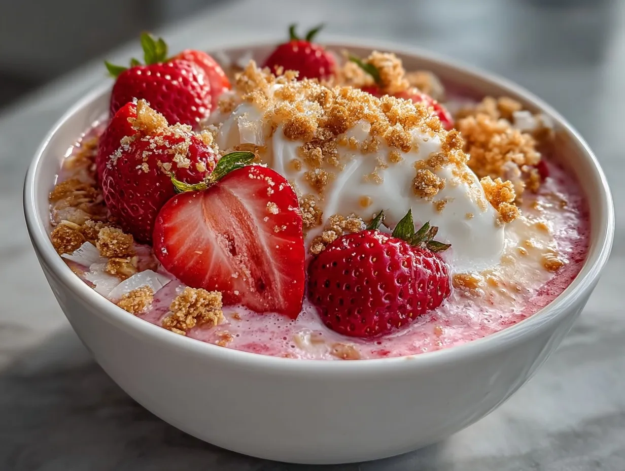 Prepared Strawberry Shortcake Protein Smoothie Bowl served with toppings