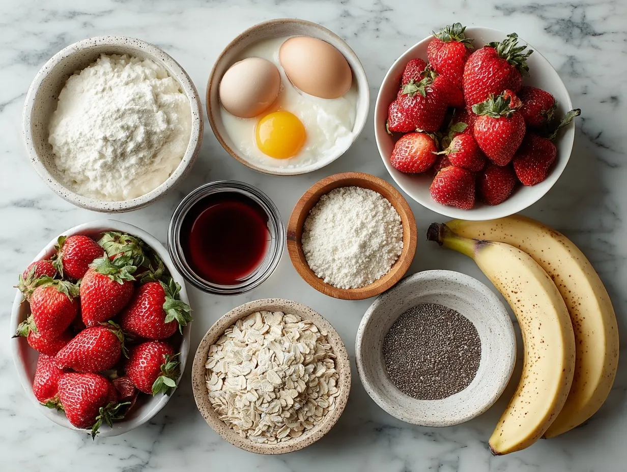 Ingredients arranged for Strawberry Shortcake Protein Smoothie Bowl
