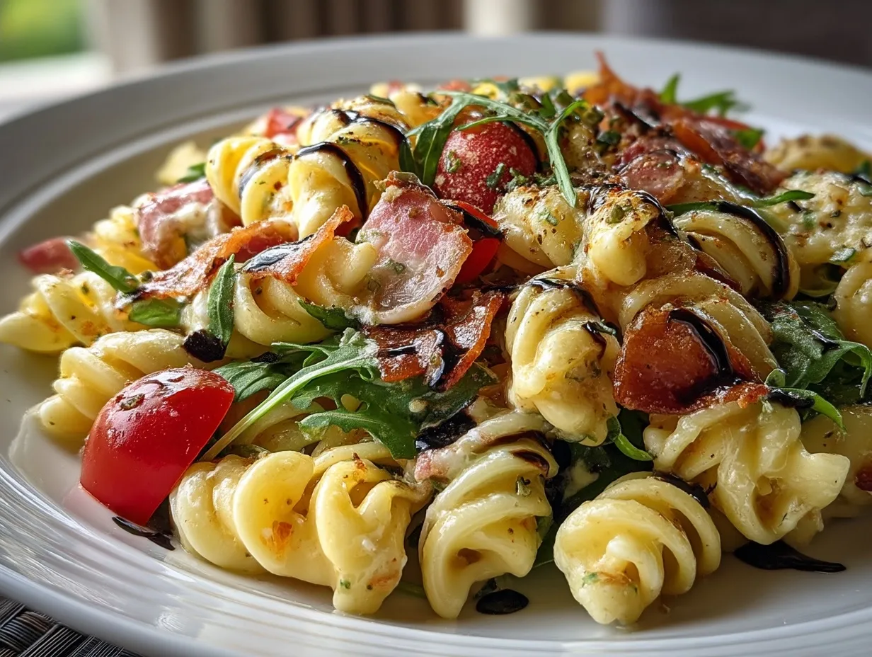 Serving Summer Pasta Salad garnished with fresh basil leaves in a clear glass bowl