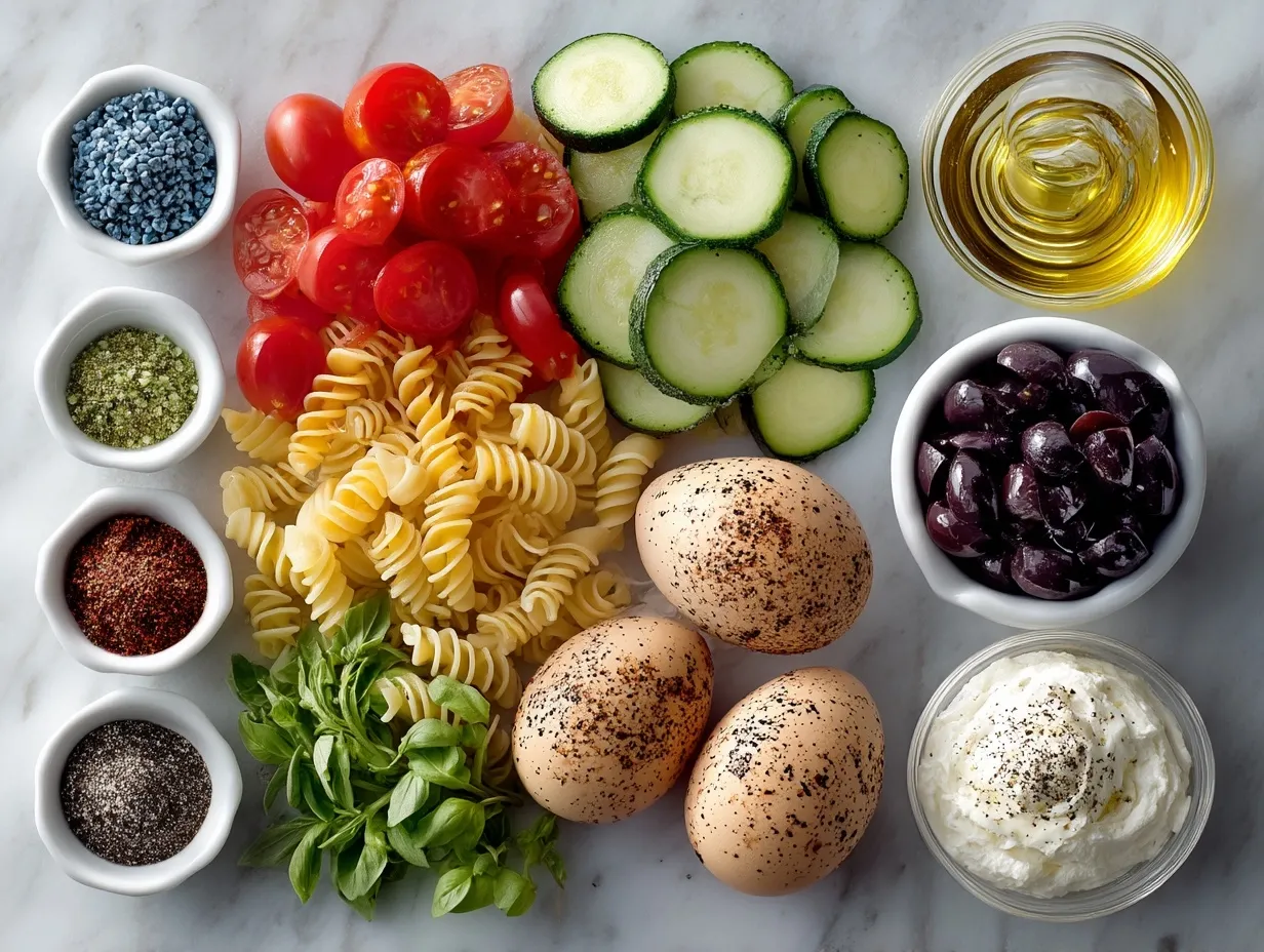 Ingredients for Summer Pasta Salad including fusilli pasta, cherry tomatoes, cucumber, red bell pepper, red onion, black olives, feta, and fresh basil
