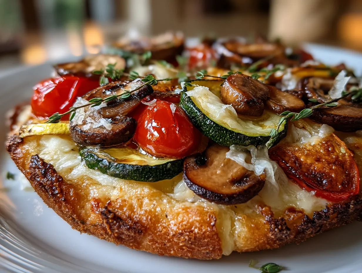 Freshly baked Summer Veggie Pizza served on a wooden board with herbs