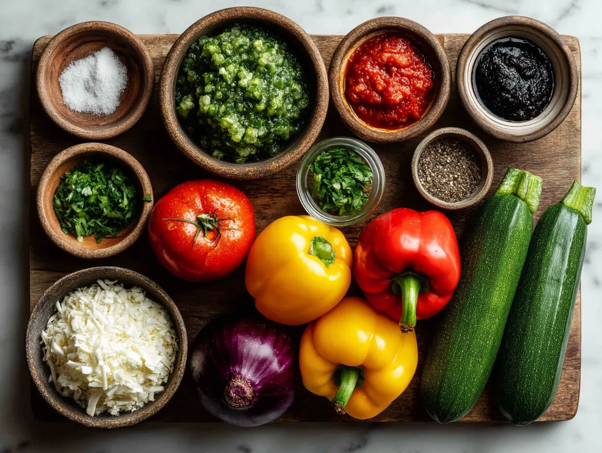 Ingredients for Summer Veggie Pizza laid out on a kitchen surface
