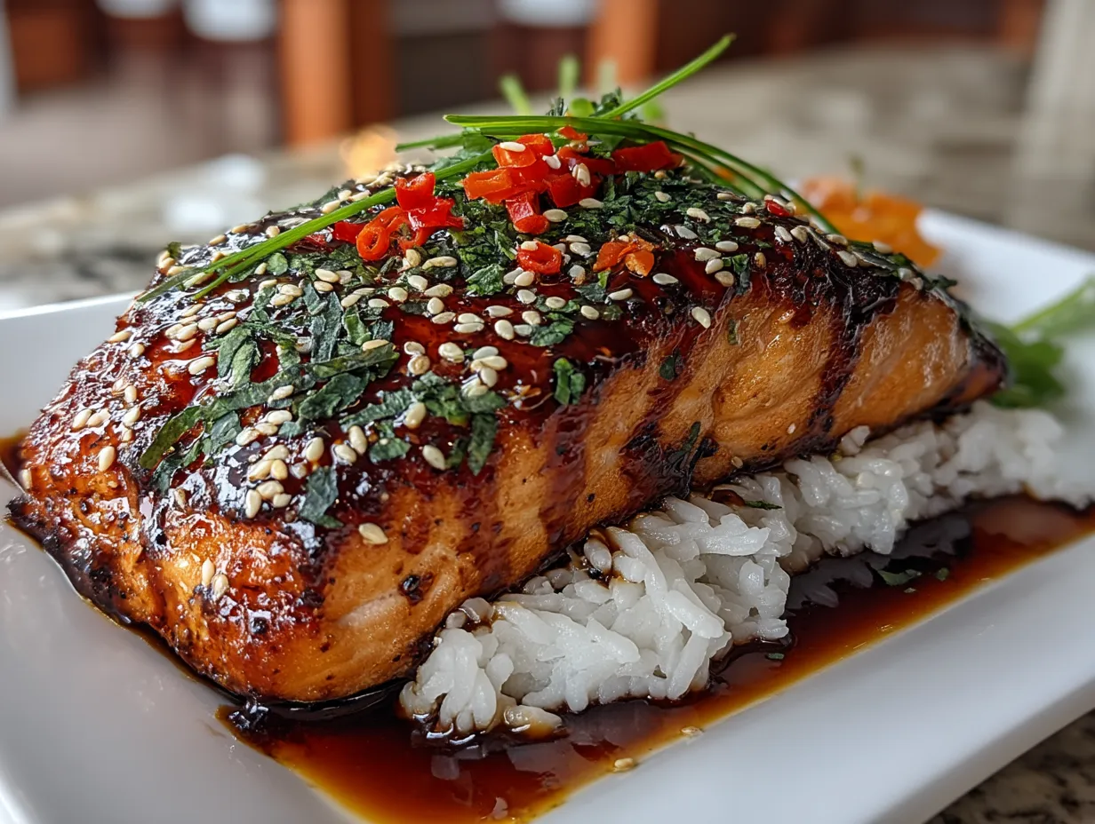 Plated teriyaki salmon with rice and sautéed greens
