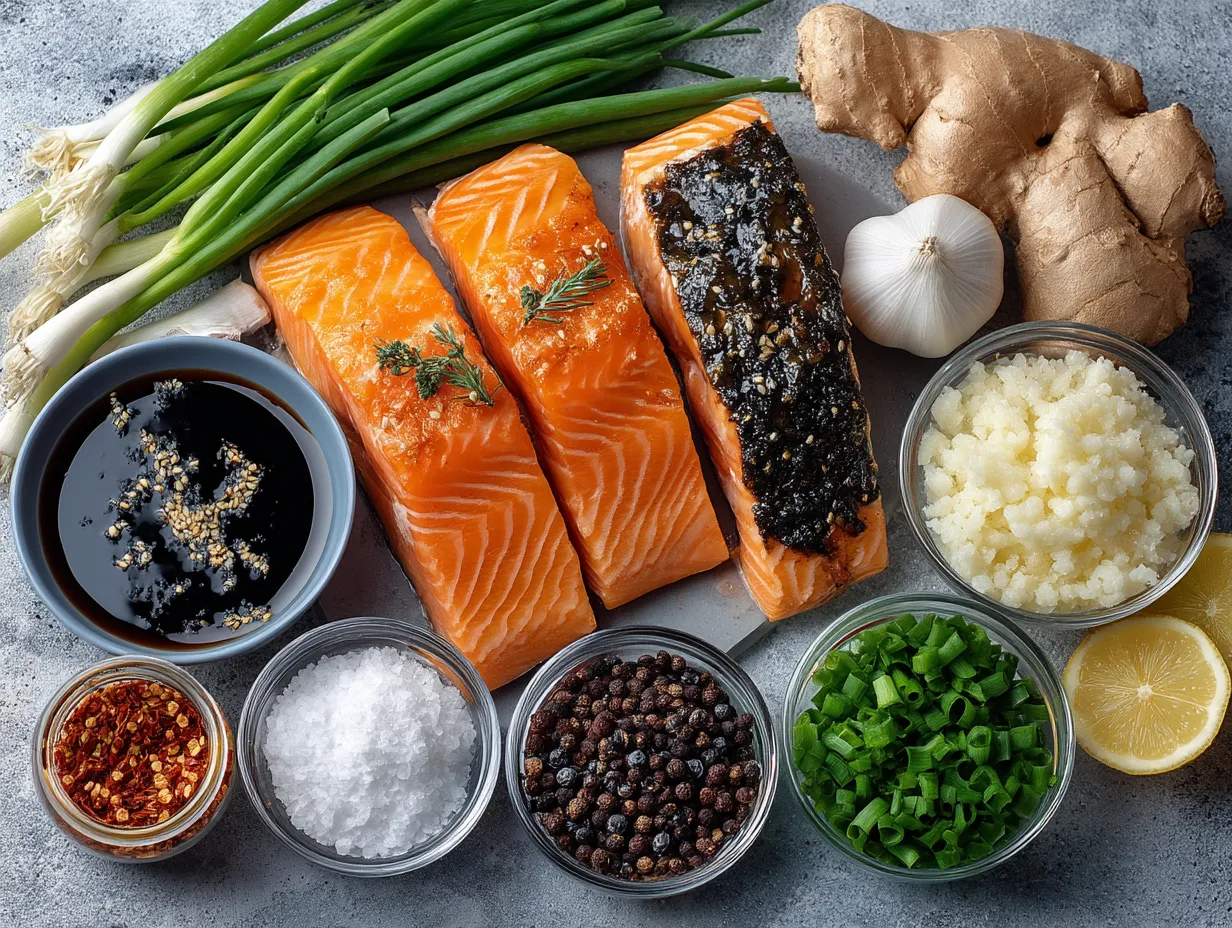 Ingredients for making teriyaki salmon laid out on a wooden surface