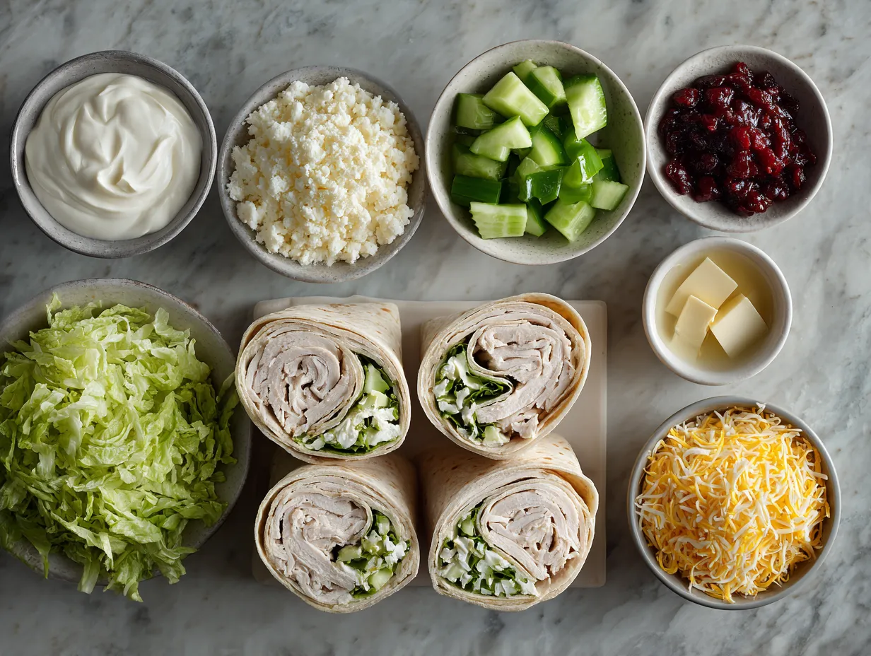 Ingredients for Turkey Cheese Pinwheel Wraps including low-carb tortillas, turkey breast, cream cheese, cheddar and fresh vegetables