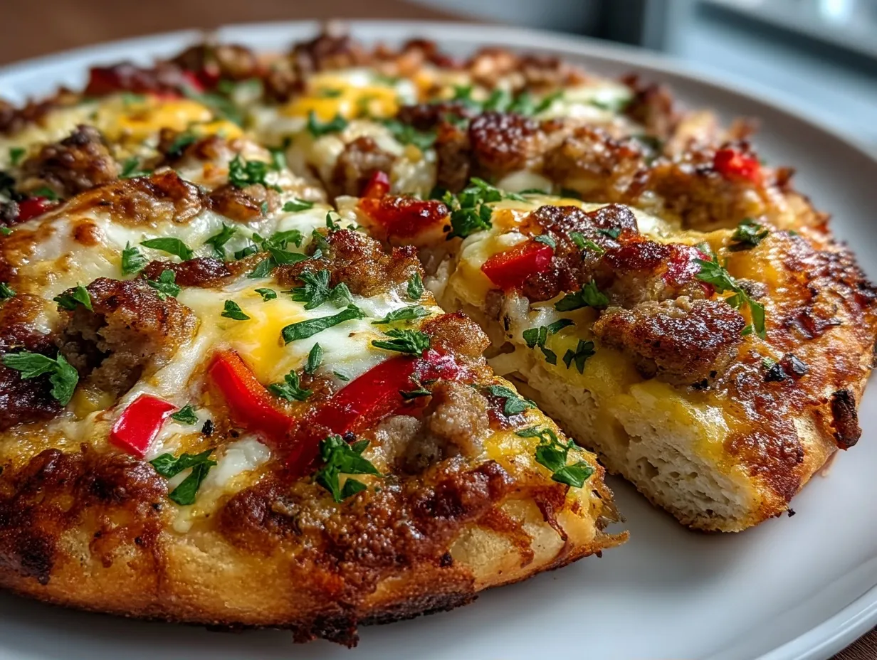Serving Turkey Sausage Breakfast Pizza warm with a side of fruit and drinks