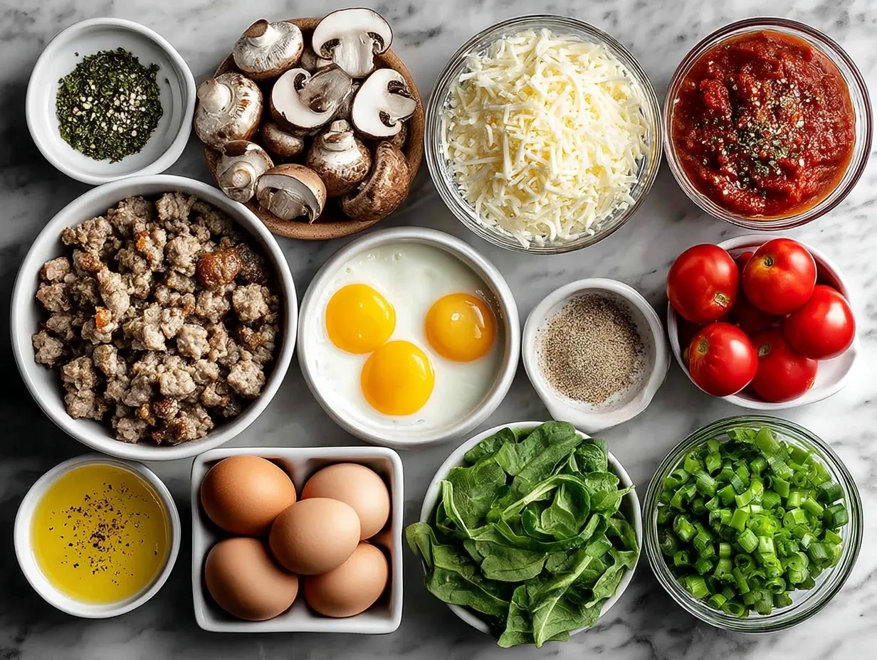 Ingredients for Turkey Sausage Breakfast Pizza including turkey sausage, eggs, cheese, bell peppers, onions, and pizza crust