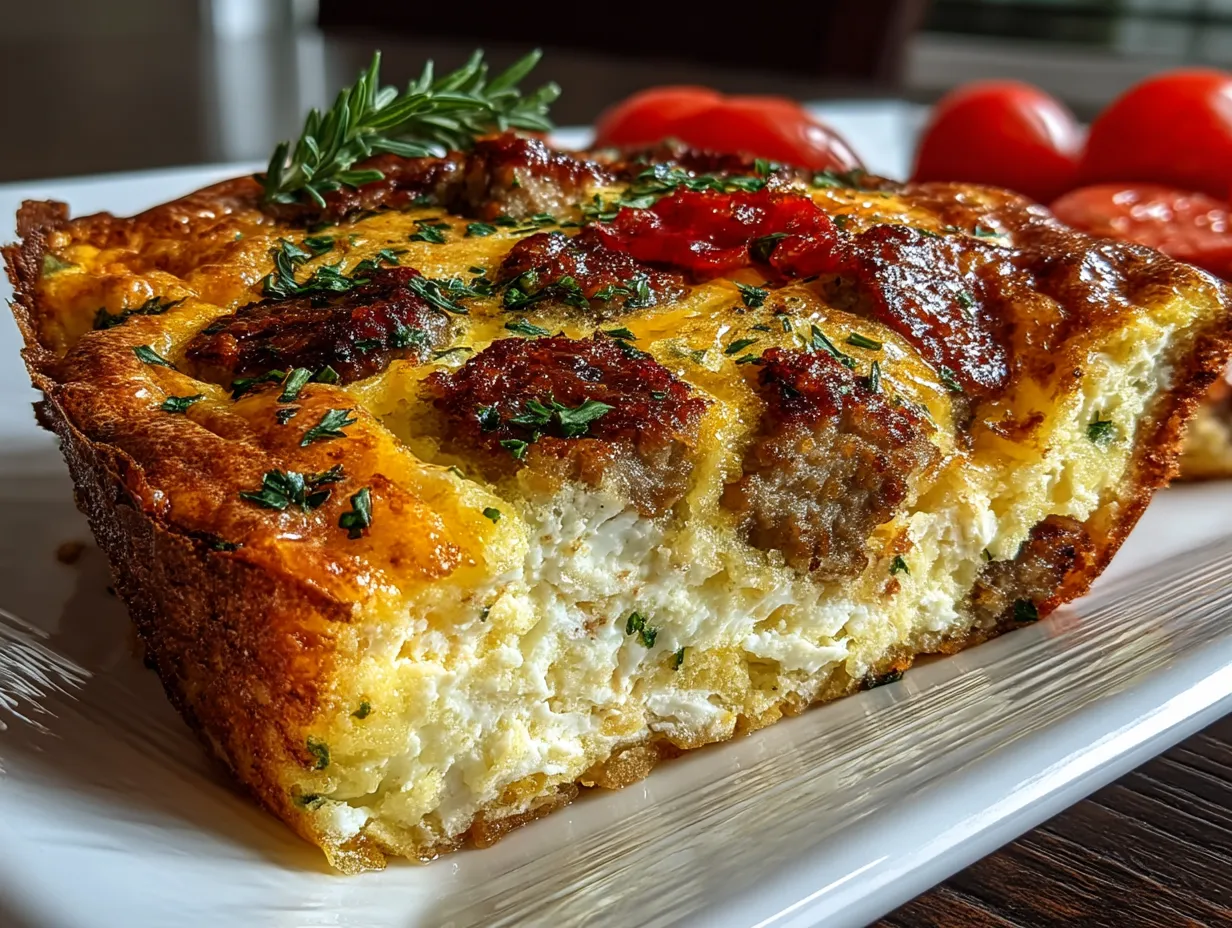 Serving Turkey Sausage Egg White Breakfast Casserole fresh from the oven