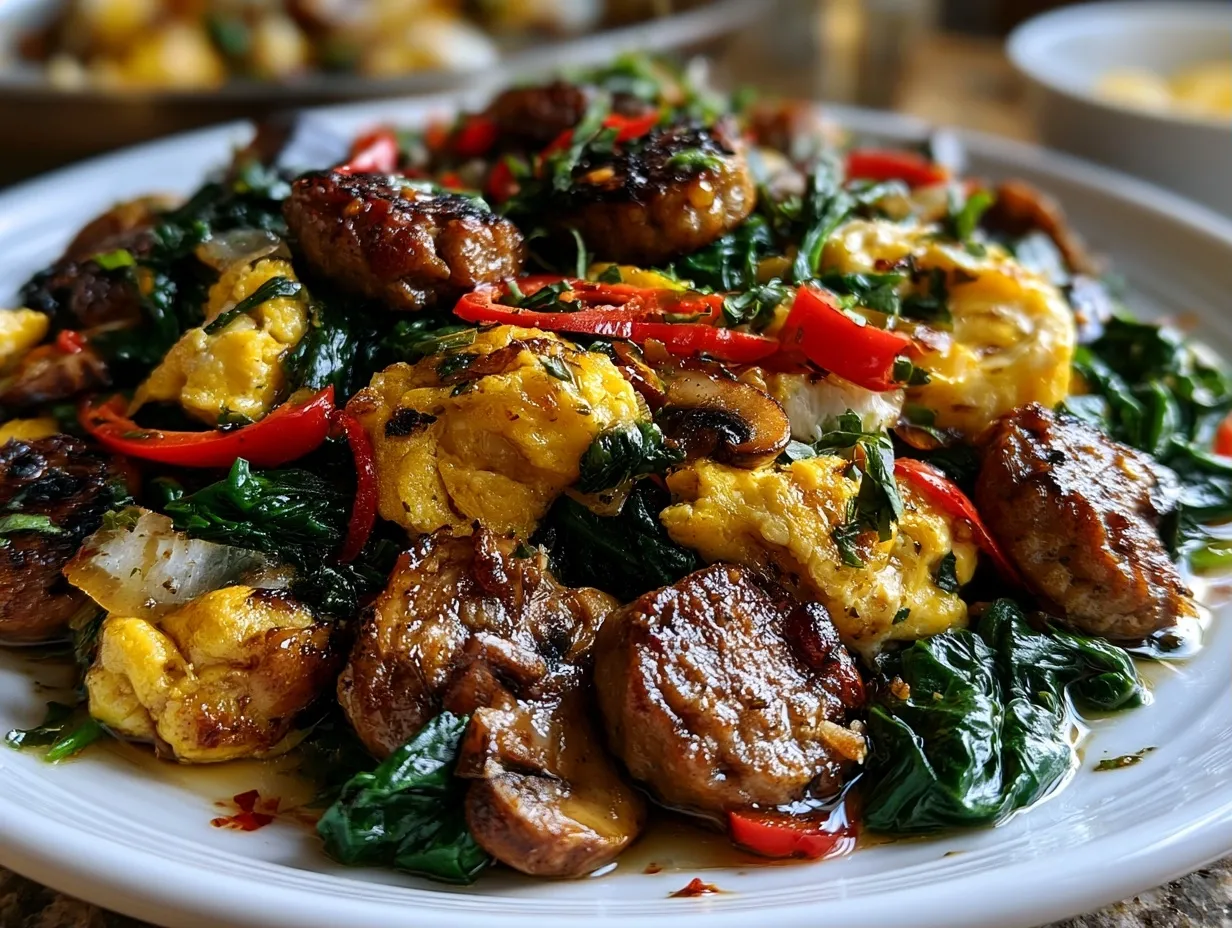 Served Turkey Sausage Spinach Breakfast Skillet with melted cheese and eggs