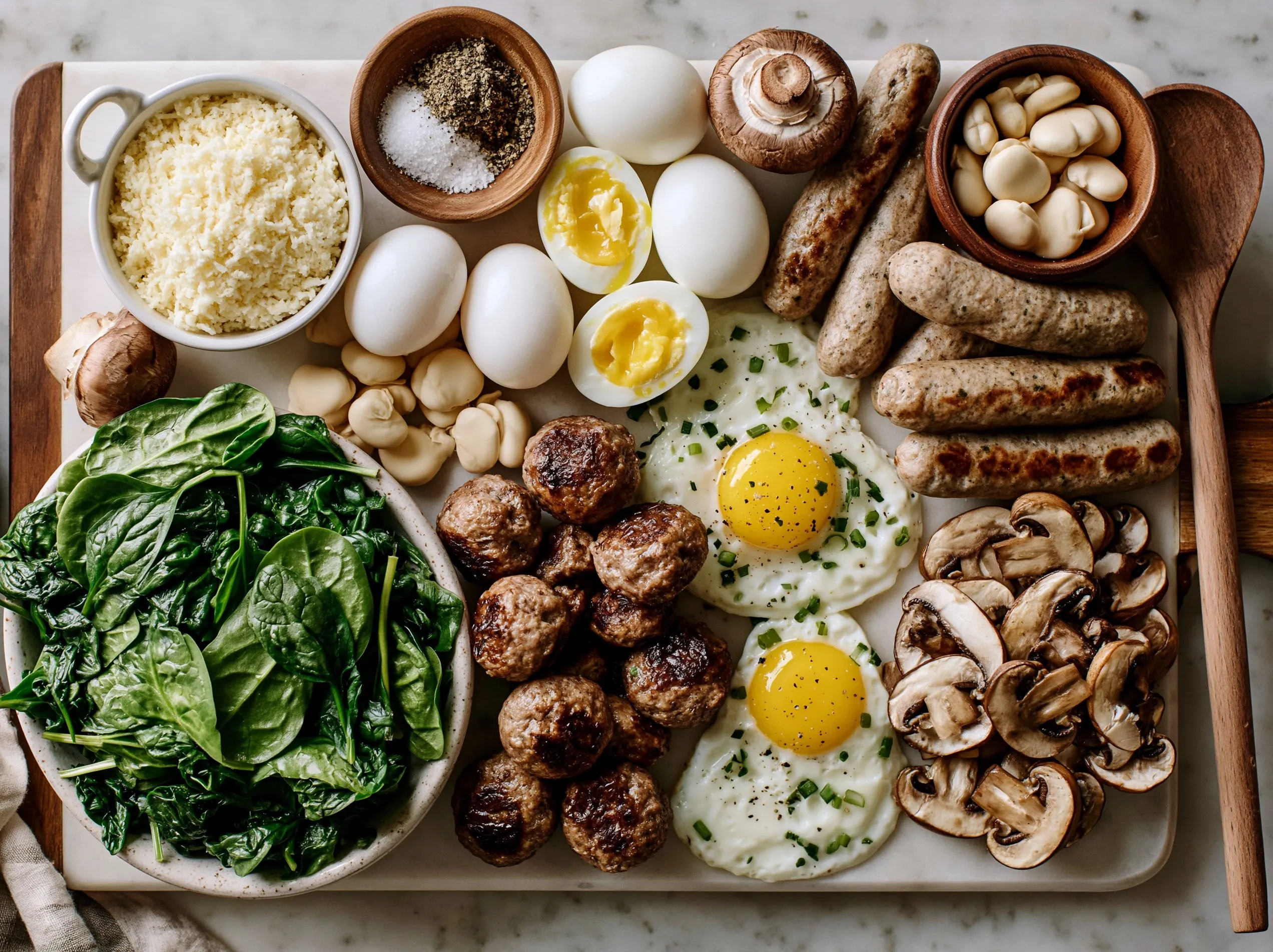 Ingredients for Turkey Sausage Spinach Breakfast Skillet including turkey sausage, eggs, spinach, bell pepper, onion, cheese, and seasonings