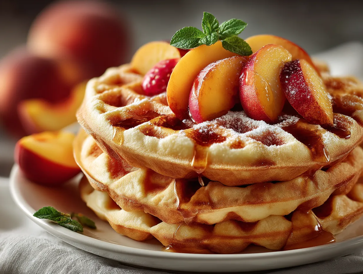 Serving Vanilla Bean Protein Waffles with Fresh Peaches