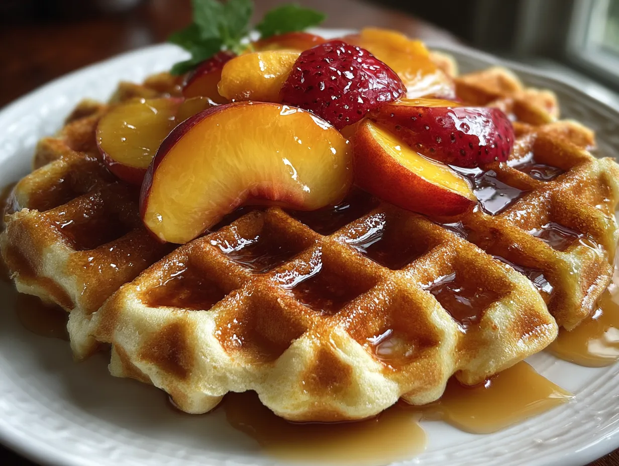 Vanilla Bean Protein Waffles with Fresh Peaches