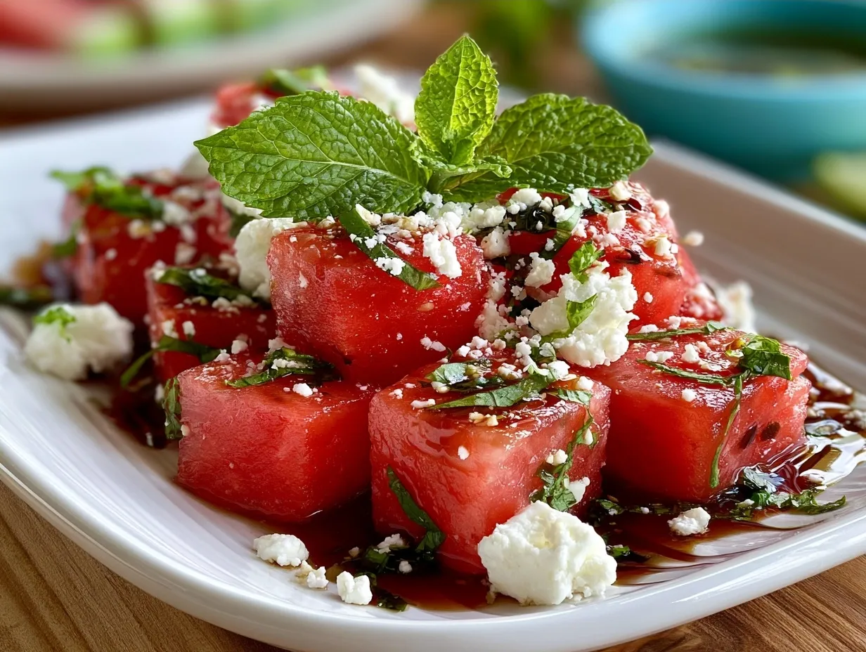 Watermelon Feta Salad served in a bowl with mint garnish