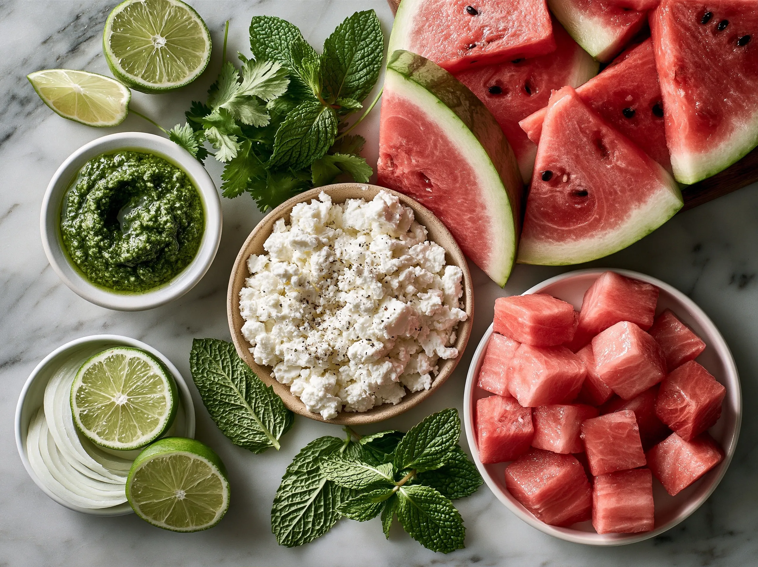 Ingredients for Watermelon Feta Salad: watermelon cubes, feta cheese, fresh mint, cucumber, olive oil, lime