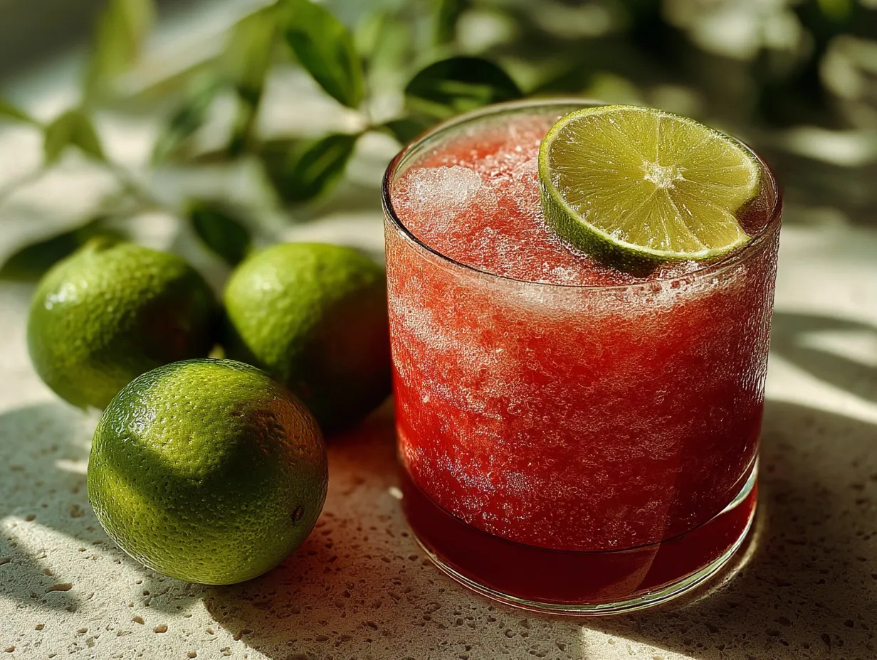 Serving Watermelon Lime Cooler Sugar-Free in colorful glass with lime garnish