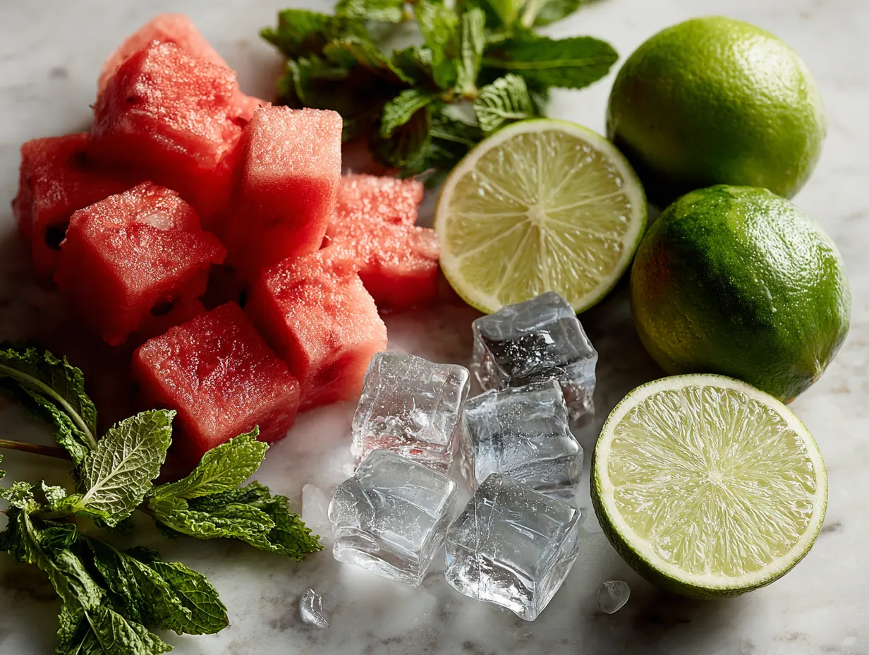 Ingredients for Watermelon Lime Cooler Sugar-Free including fresh watermelon and lime