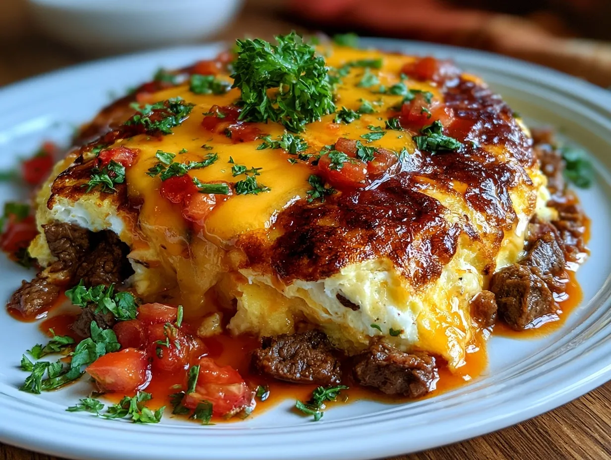 Beautifully presented Western Omelet with Lean Beef garnished with fresh herbs on a plate