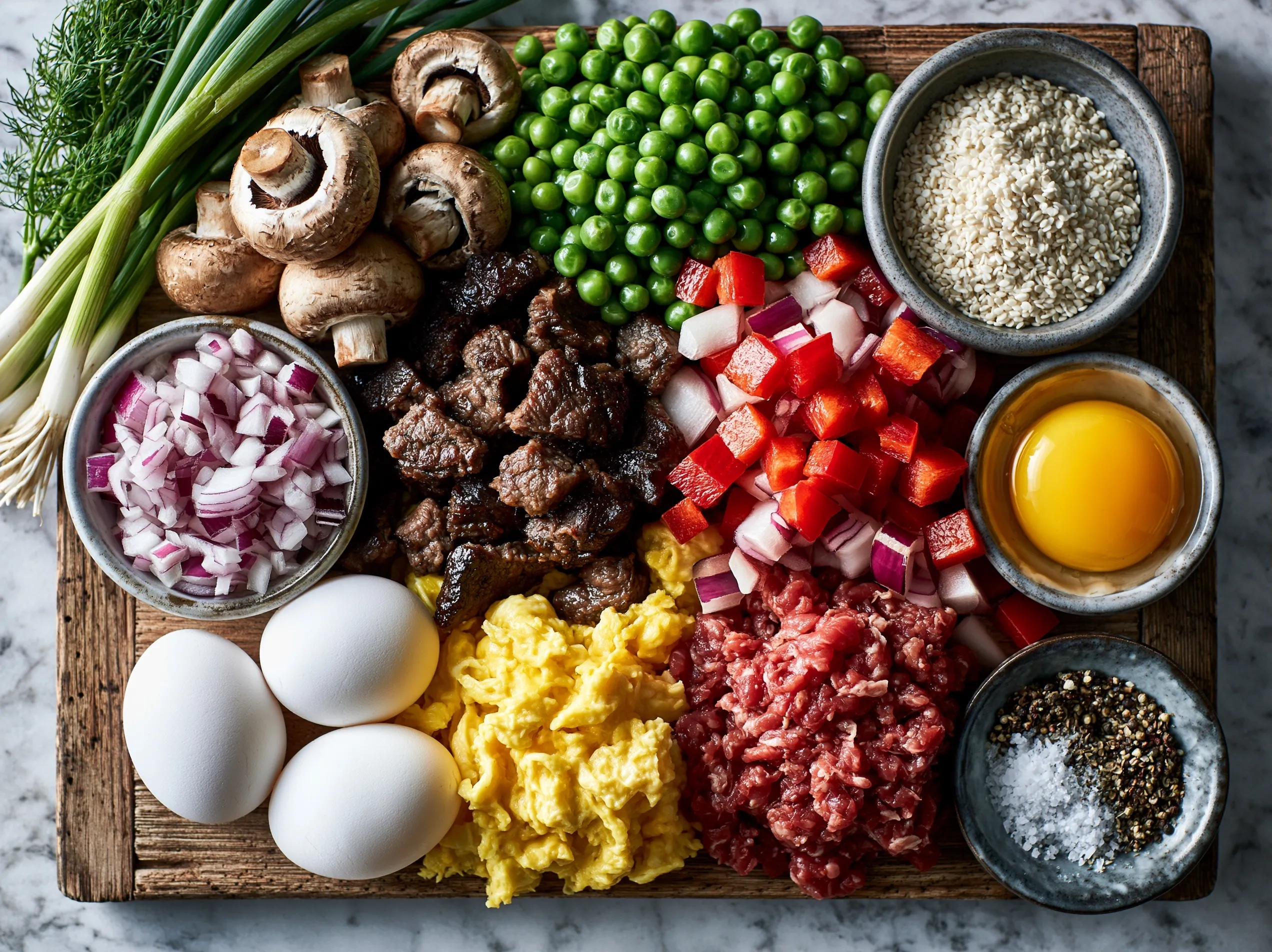 Ingredients for Western Omelet with Lean Beef including eggs, ground beef, diced vegetables, cheese, and oils