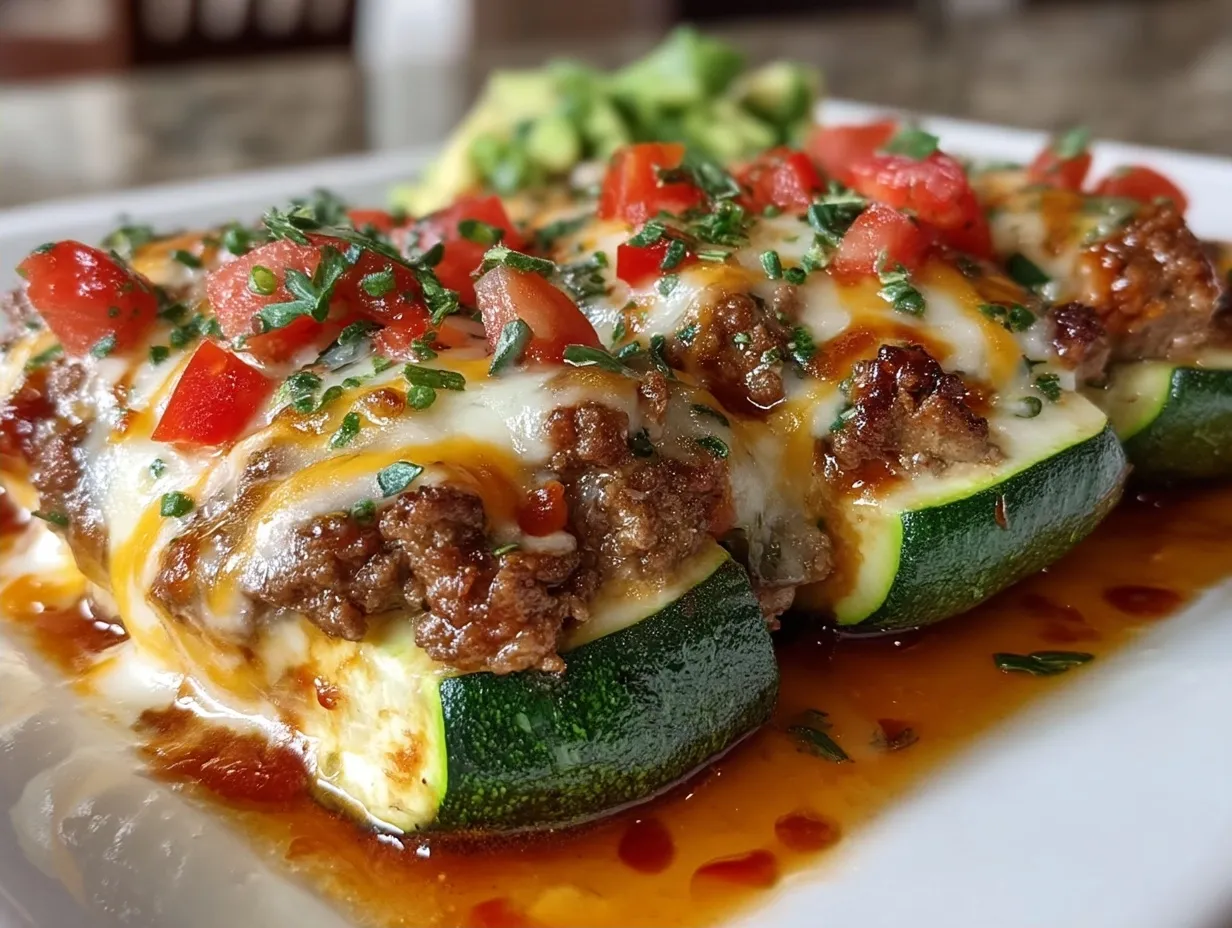 Served beef stuffed zucchini boats with garnish
