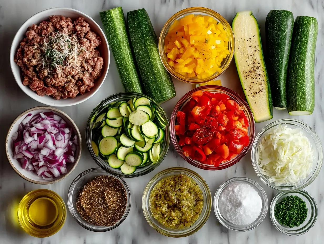 Ingredients laid out for making zucchini boats filled with beef