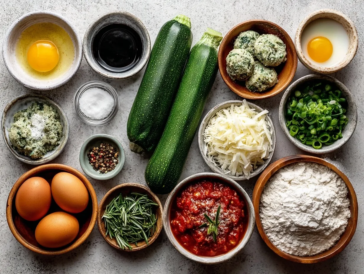 Ingredients for Zucchini Pizza Crust Bites including shredded mozzarella, grated Parmesan, grated zucchini, egg, almond flour and herbs