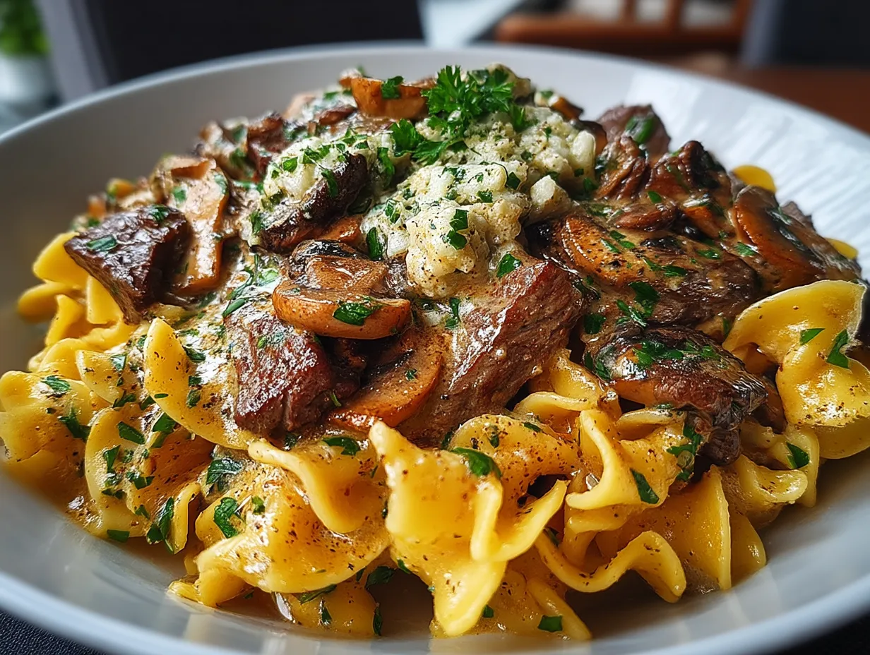 Serving suggestion of 20-Minute Beef Stroganoff with noodles and fresh parsley garnish