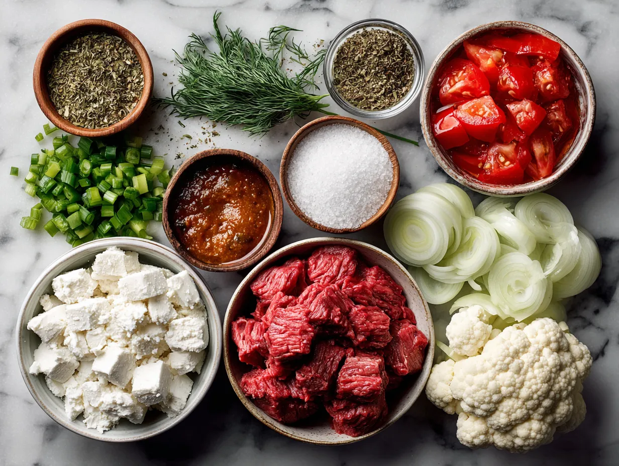 Ingredients for 20-Minute Beef Stroganoff made with lean beef, mushrooms, onions, and sour cream