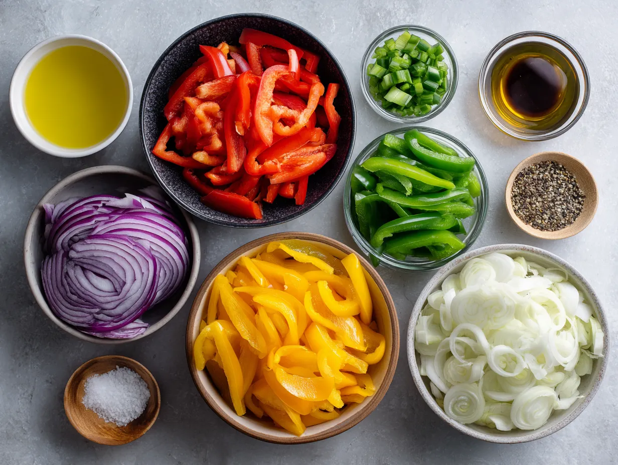 Ingredients for Air Fryer Fajita Vegetables: bell peppers, onions, and spices laid out