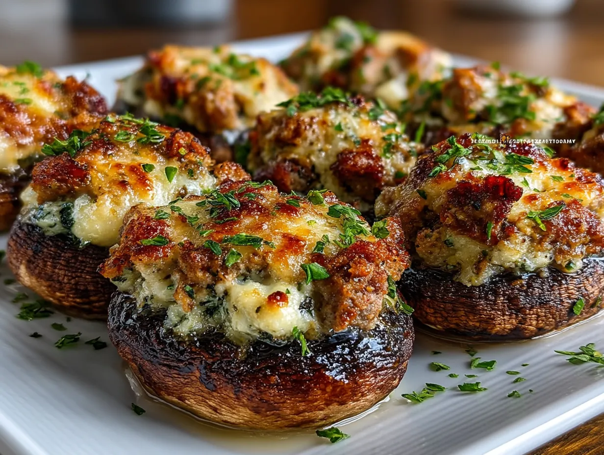 Serving Air Fryer Stuffed Mushrooms with Ground Turkey