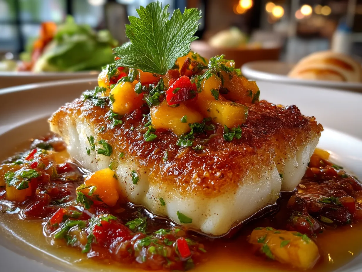 Served baked cod with fresh peach salsa on a plate with garnish and sides