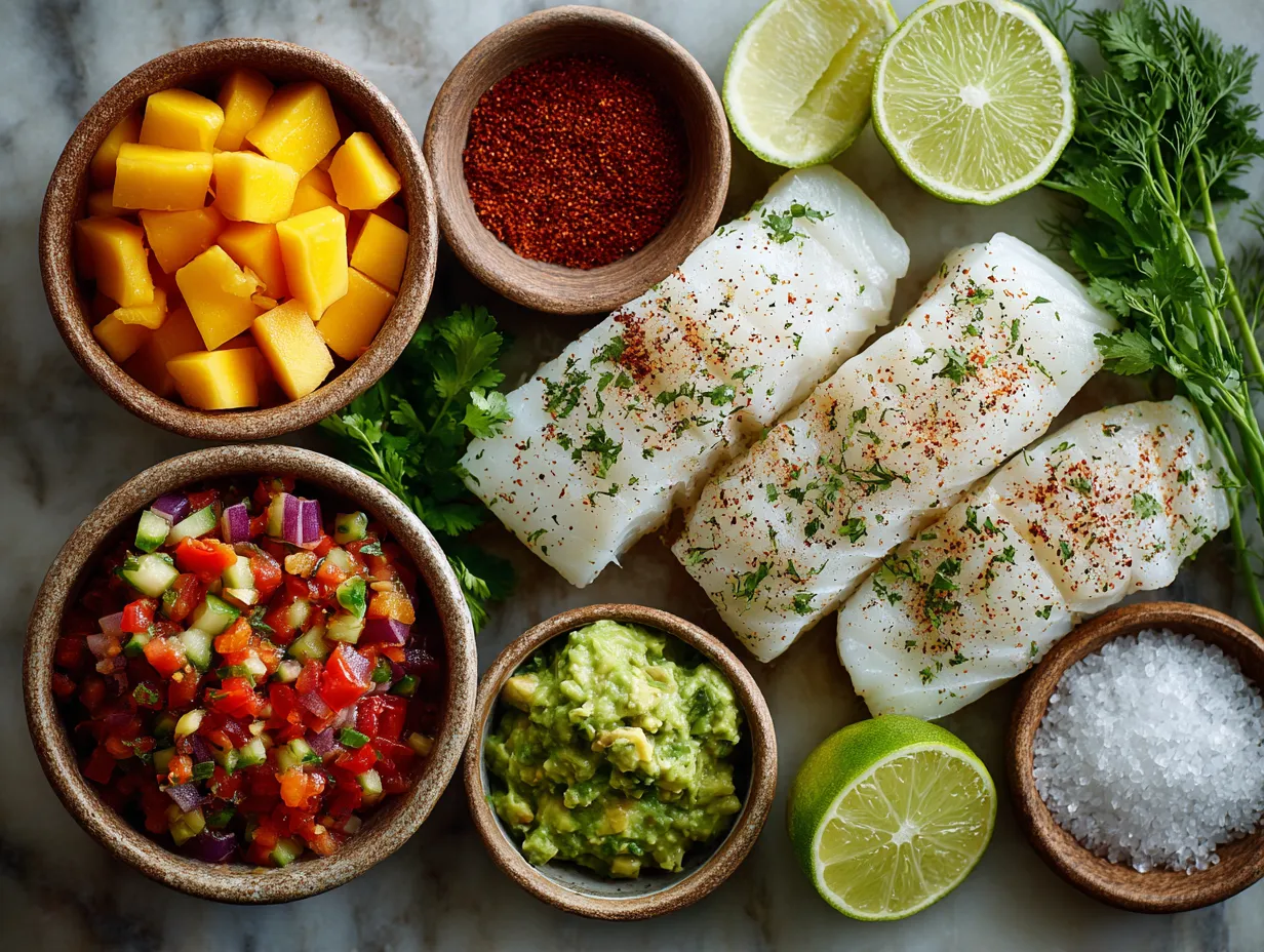 Ingredients for baked cod with fresh peach salsa including cod fillets, peaches, red onion, jalapeño, lime, and herbs