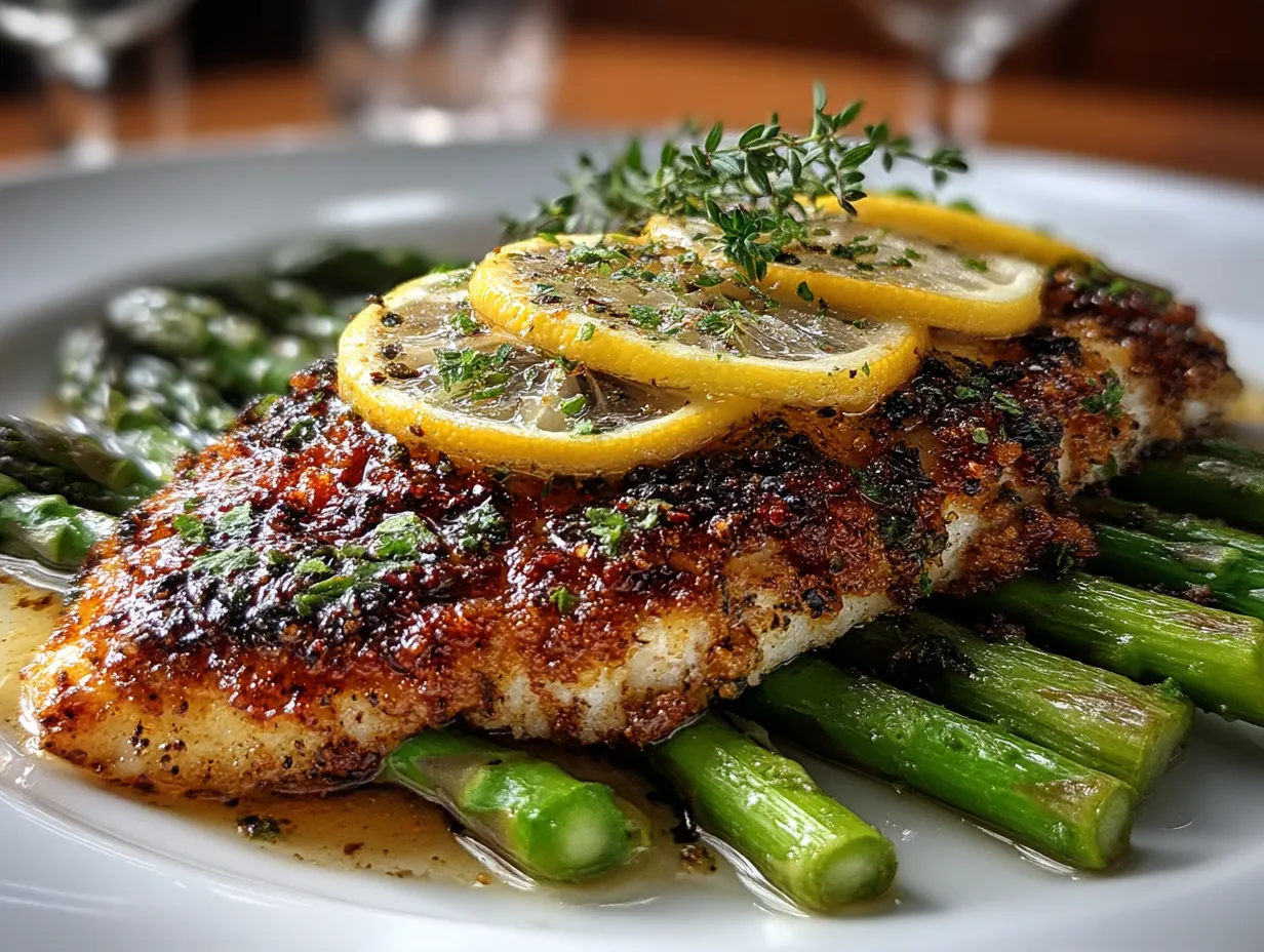 Baked tilapia with lemon asparagus served on a plate with lemon couscous and fresh herbs