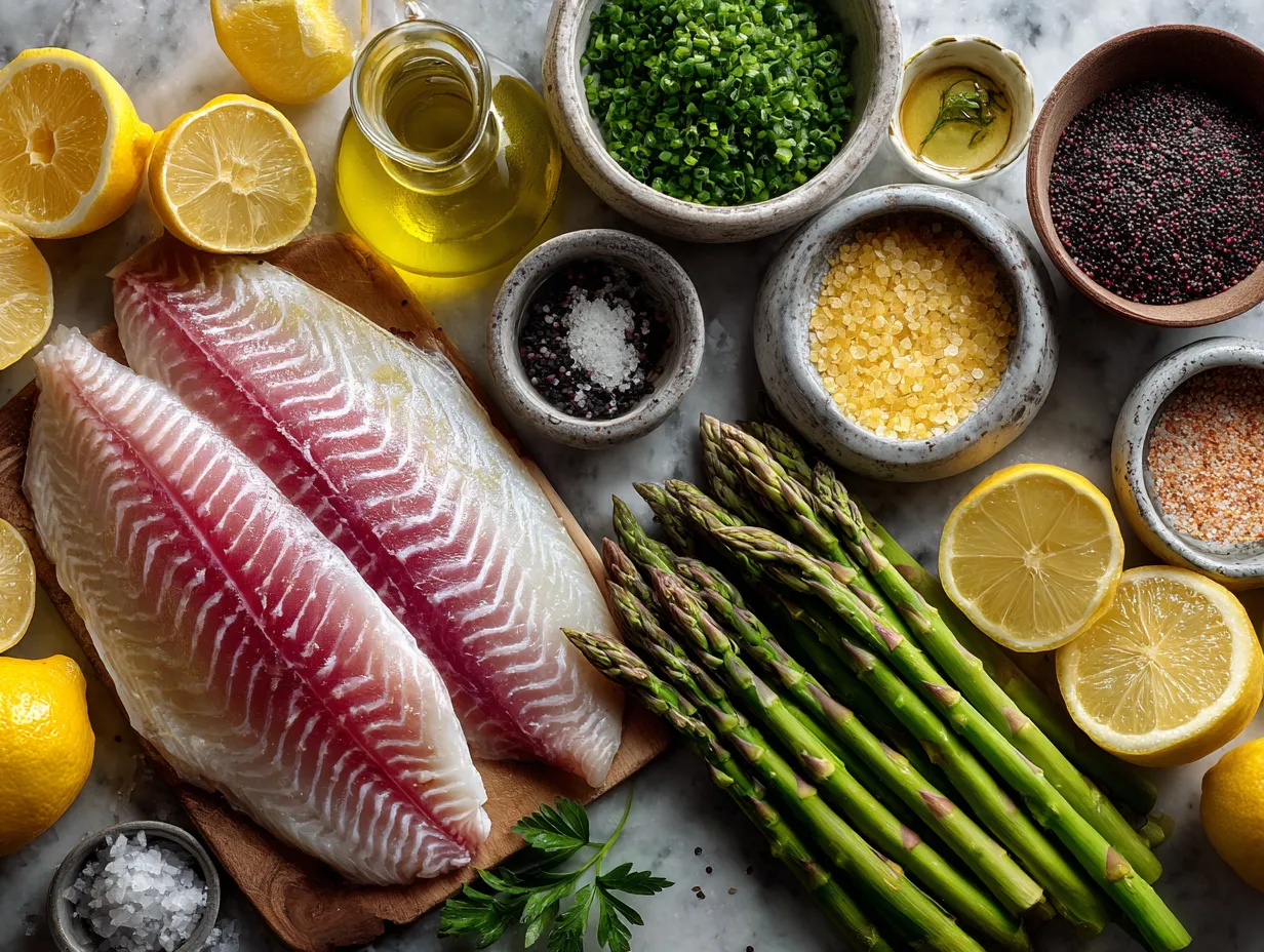 Ingredients for baked tilapia with lemon asparagus including tilapia fillets, asparagus, lemon, garlic, and olive oil