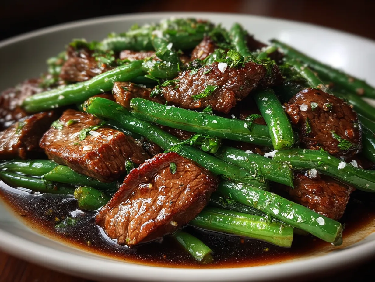 Beef and Green Bean Skillet served on a plate with garnish